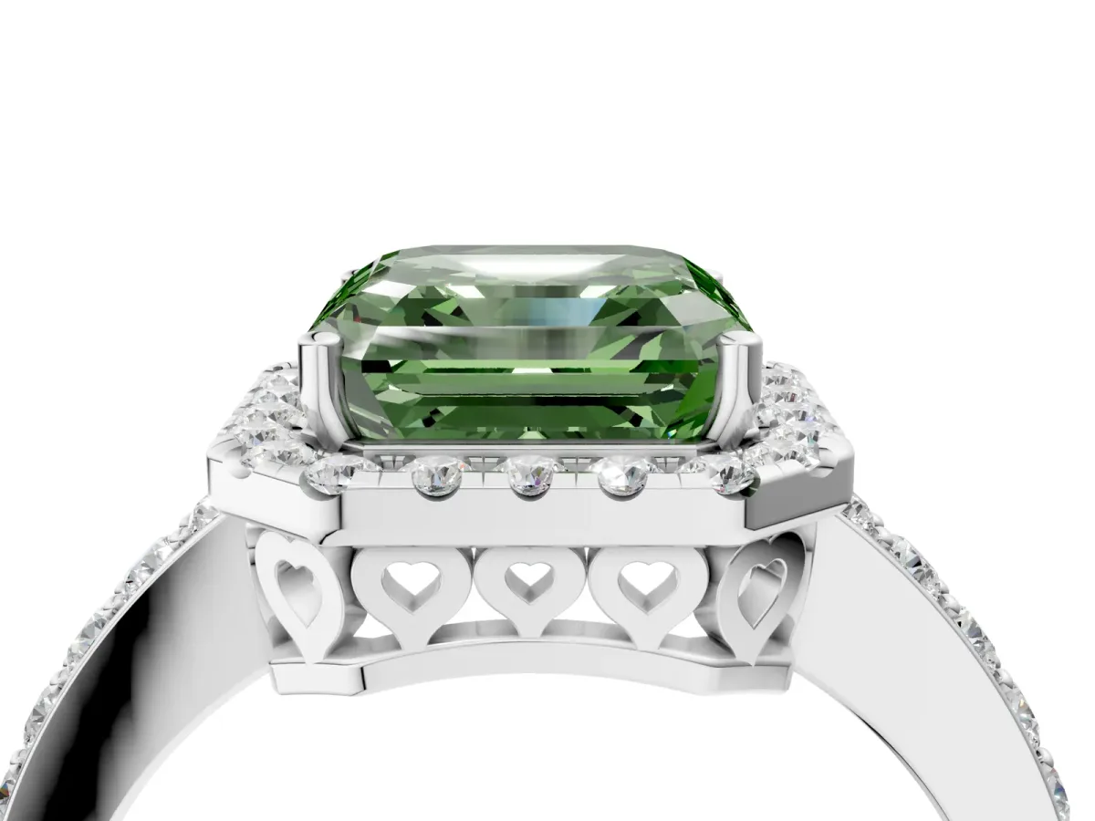 Fancy Green Asscher Cut Halo Diamond Pavé Band Ring with Prong Setting Silver