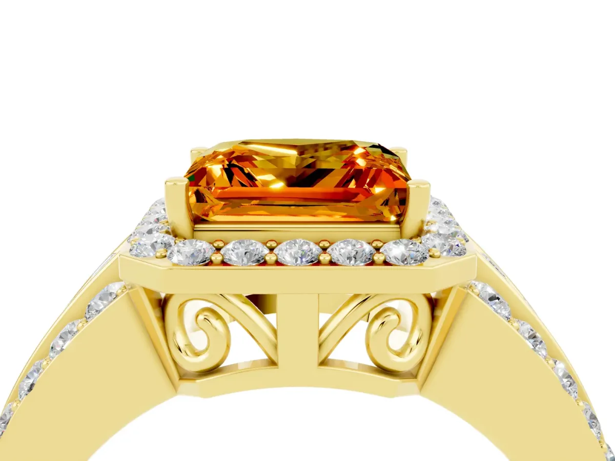 Princess Cut Halo Citrine Ring with Round Split Shank and Prong Setting Yellow gold
