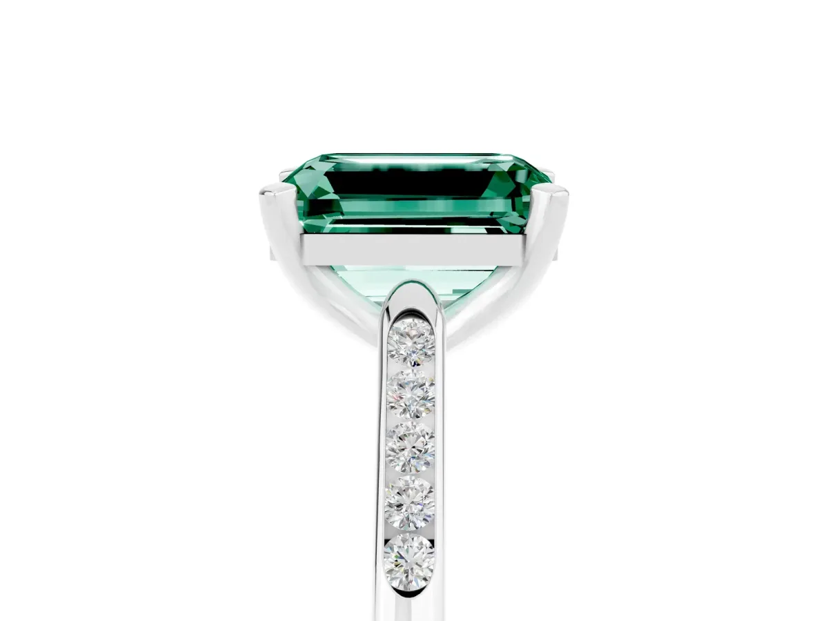 Emerald Cut Green Sapphire Solitaire Ring with Channel Set Round Band and Prong Setting Silver