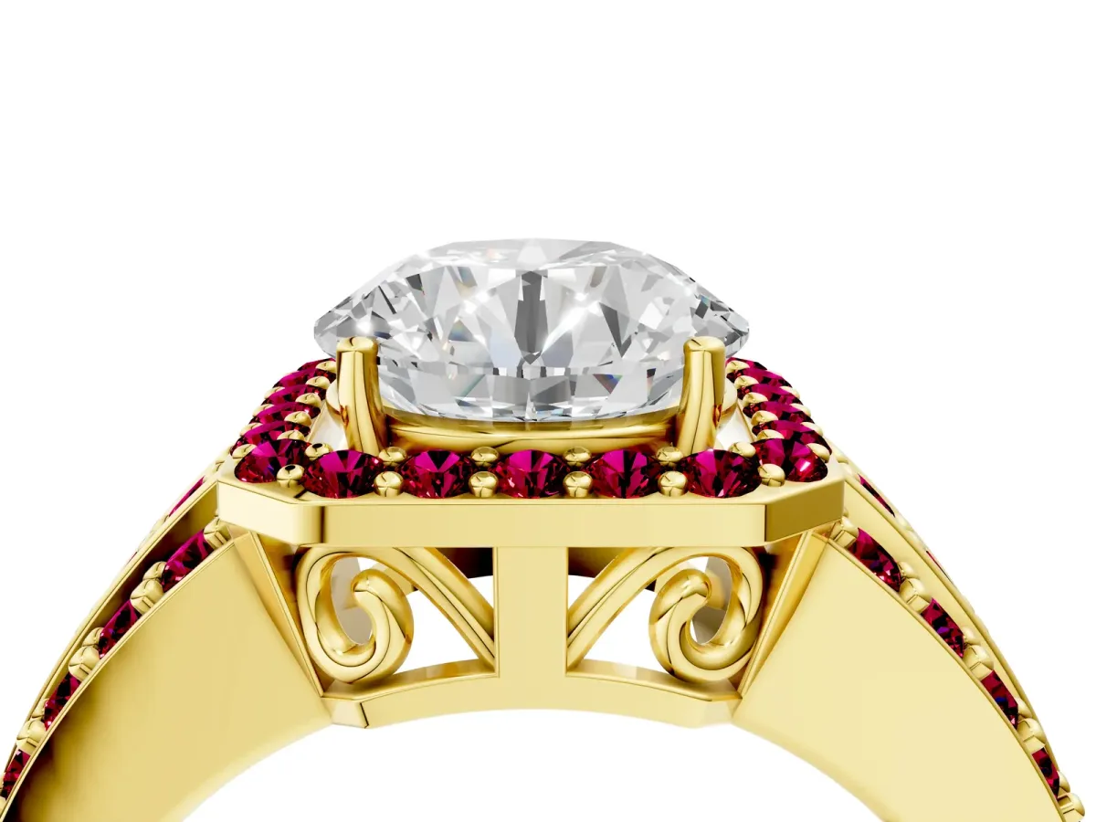 Round Cut Halo Diamond Ring with Round Garnet Split Shank and Prong Setting Yellow gold