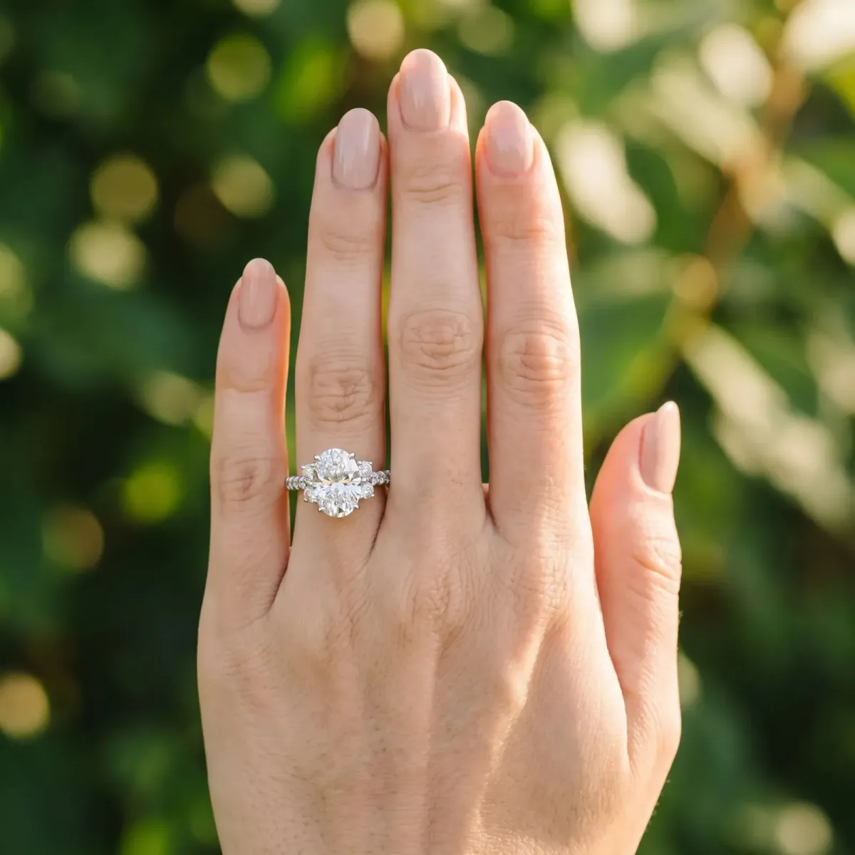 Oval Cut Diamond Three-Stone Pave Band with Four-Prong Setting Silver