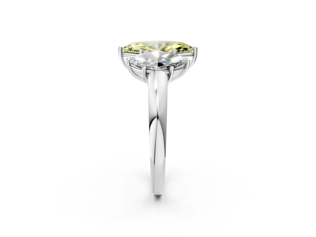 Fancy Yellow Marquise Cut Diamond Three-Stone Ring with Four-Prong Setting and Classic Band Platinum