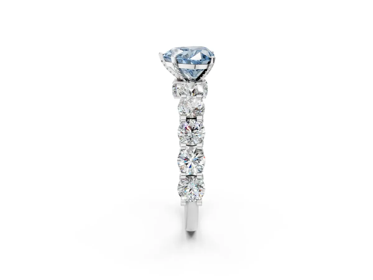 Fancy Blue Heart Cut Diamond Side Stone Engagement Ring with Four-Prong Setting White gold
