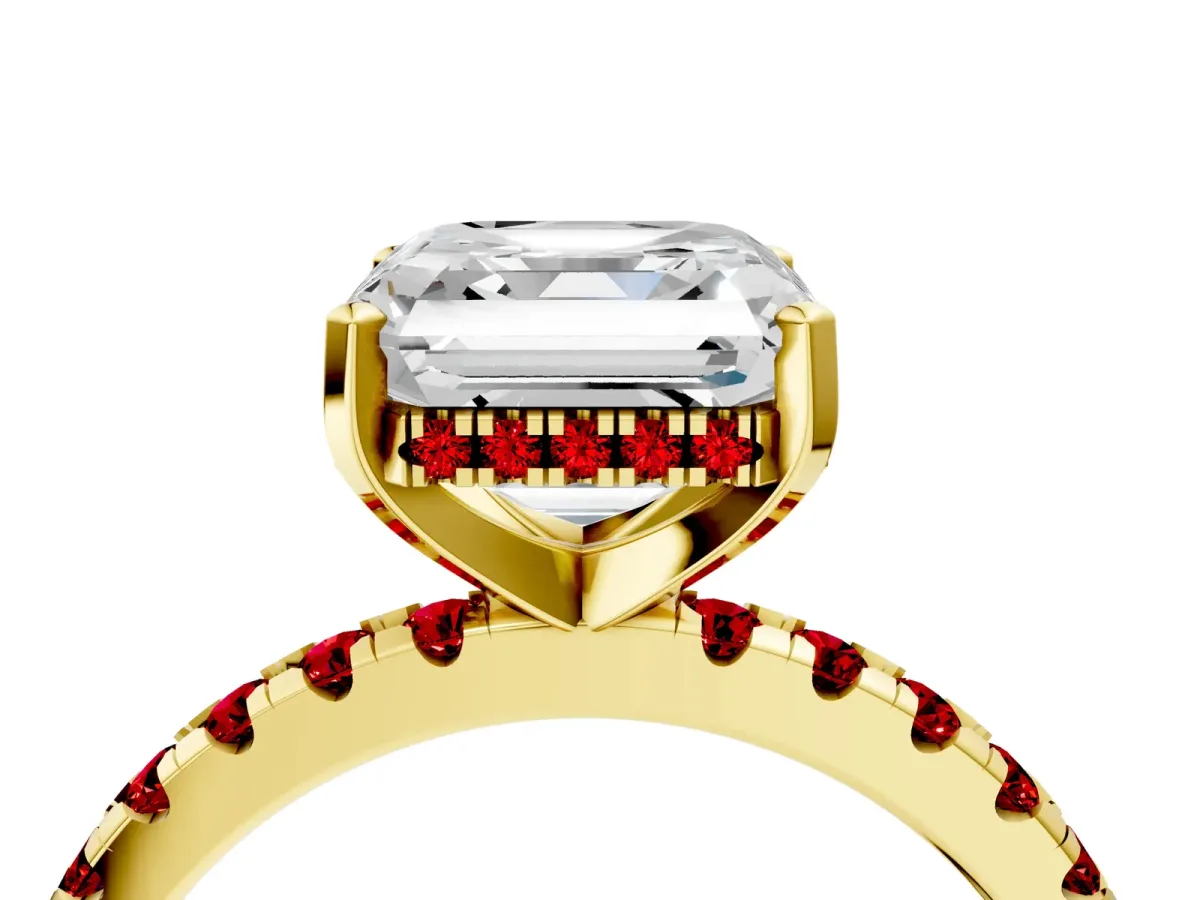 Asscher Cut Diamond Solitaire Ring with Round Ruby Pavé Band and Four-Prong Setting Yellow gold