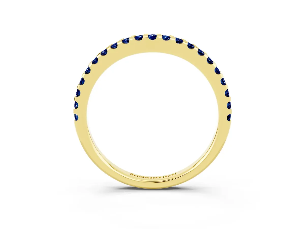 Round Blue Sapphire Pavé Curved Wedding Band Yellow gold