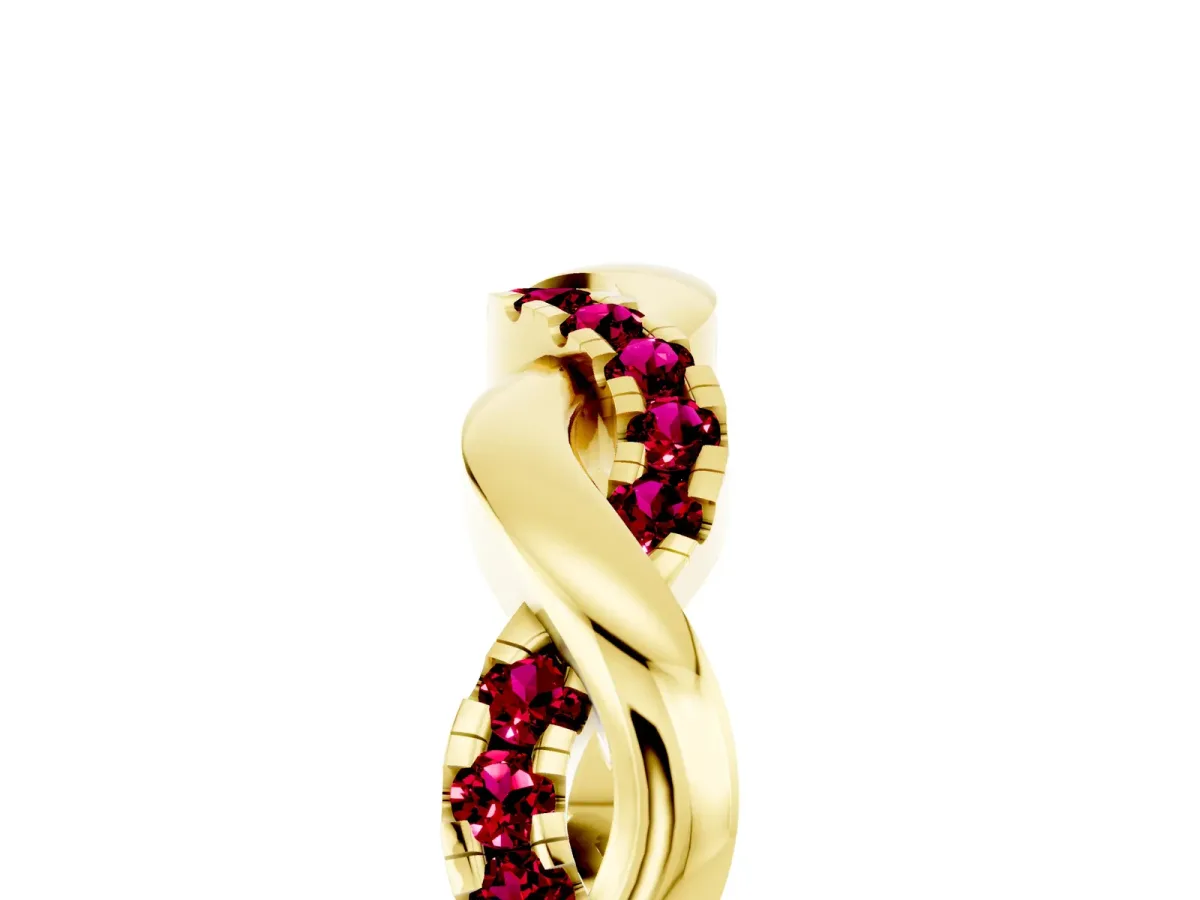 Pavé Round Garnet Twist Eternity Band with Shared Prong Setting Yellow gold