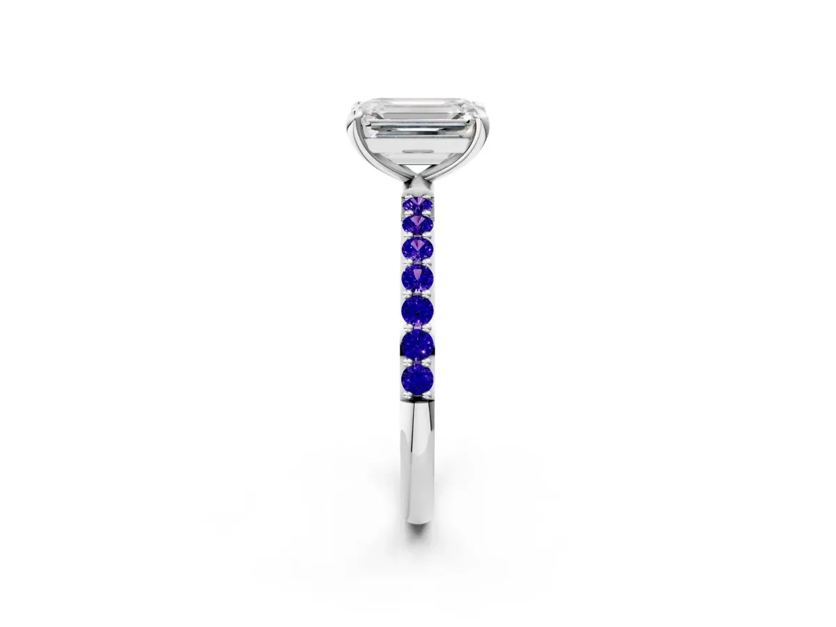 Emerald Cut Diamond Solitaire Ring with Round Tanzanite Pavé Band and Prong Setting Silver