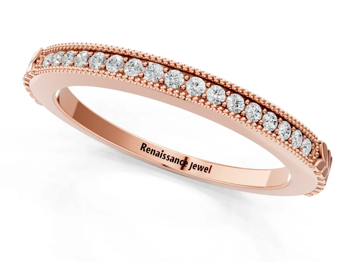 Round Cut Diamond Pavé Set Milgrain Edge Eternity Band Rose gold