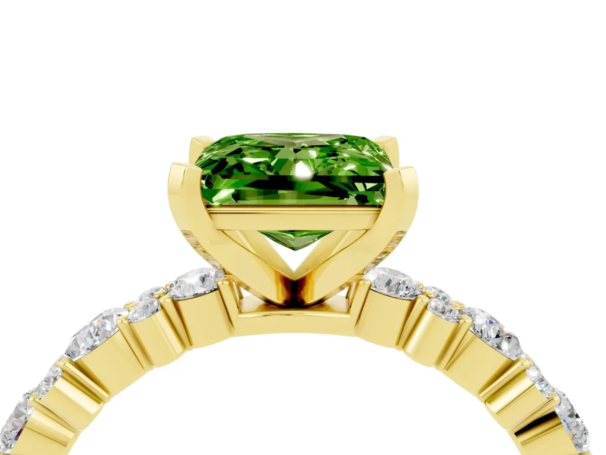 Princess Cut Peridot Side Stone Solitaire Ring with Round and Four-Prong Setting Yellow gold