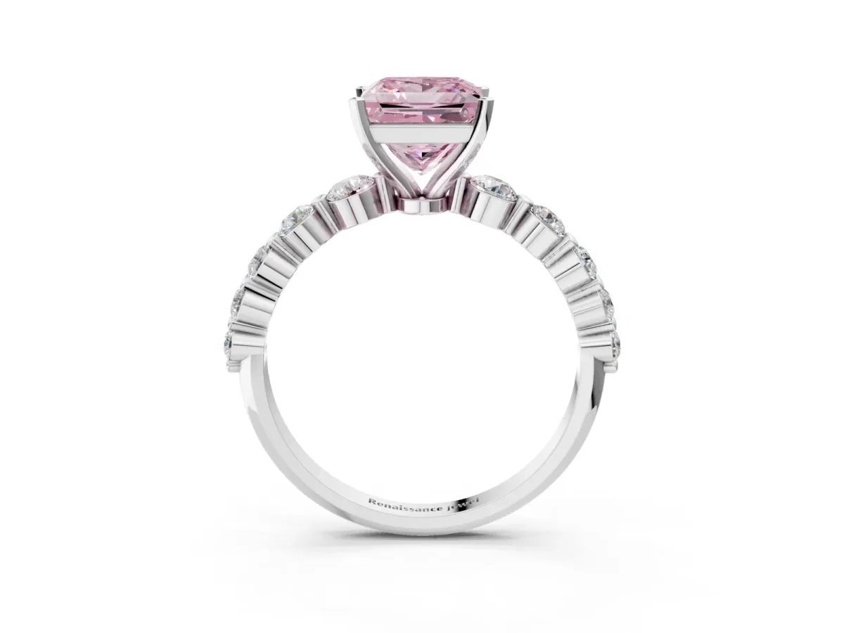 Fancy Pink Princess Cut Solitaire Diamond Ring with Pave Band and Four-Prong Setting Silver