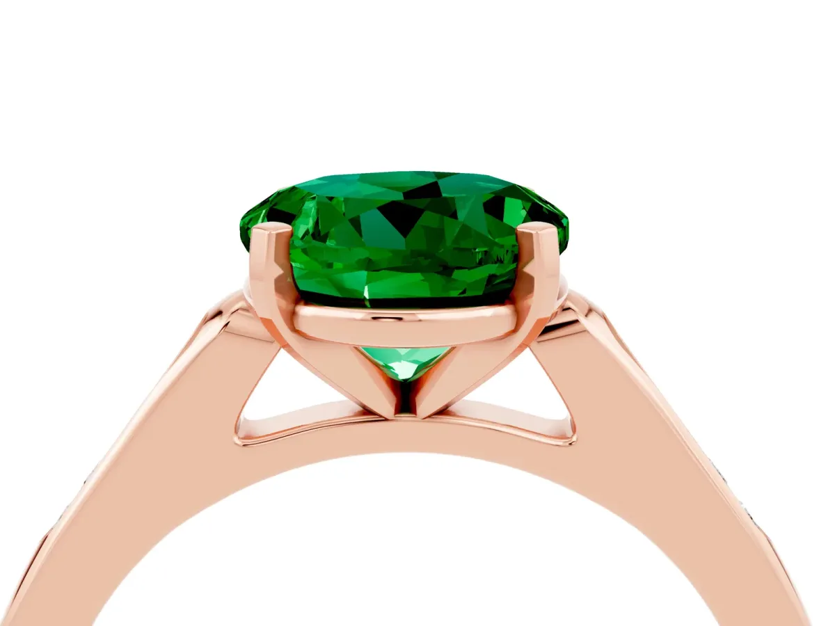 Round Cut Emerald Solitaire Ring with Channel Set Round Band and Prong Setting Rose gold