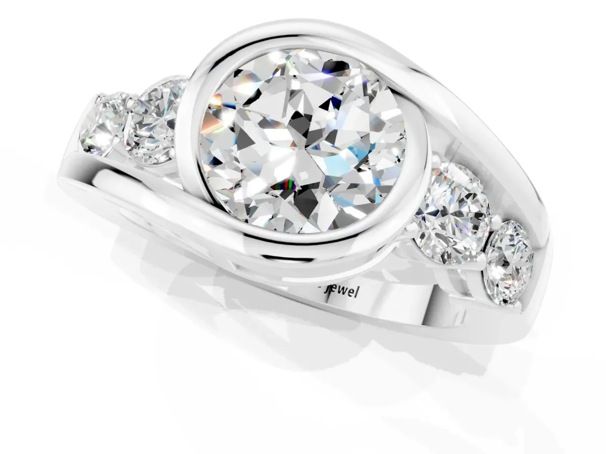 Bezel Set Round Cut Moissanite Bypass Ring with Round Accents Silver