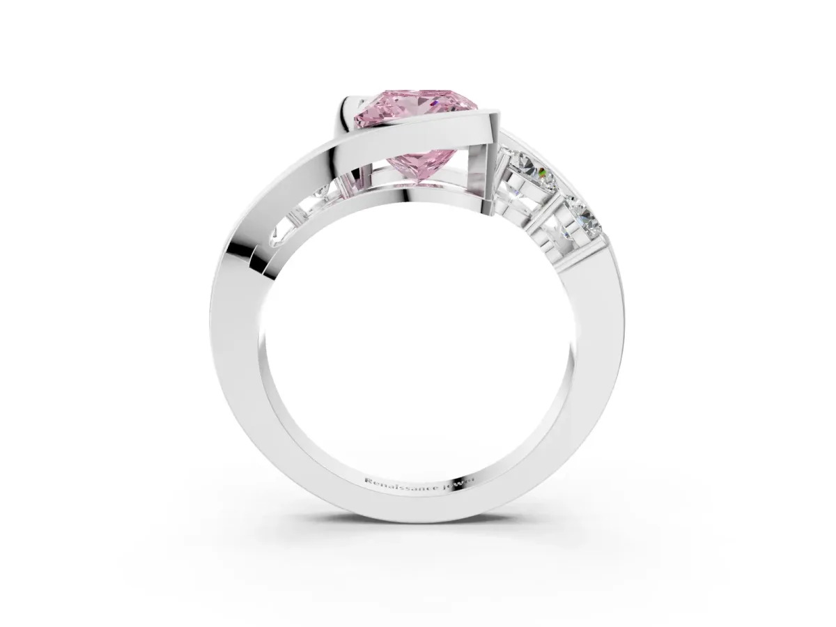Fancy Pink Bezel Set Princess Cut Diamond Bypass Ring with Round Accents Silver