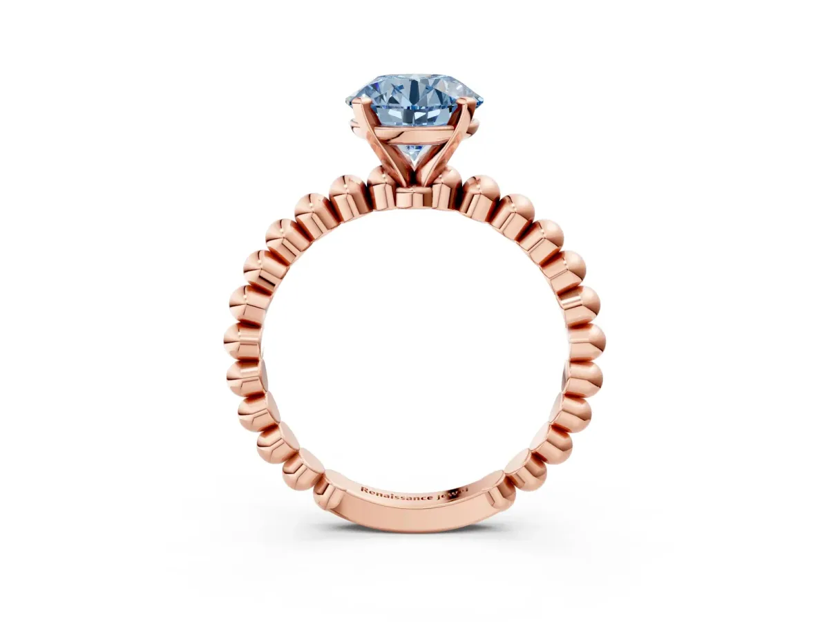 Fancy Blue Round Cut Diamond Solitaire Ring with Beaded Band and Prong Setting Rose gold