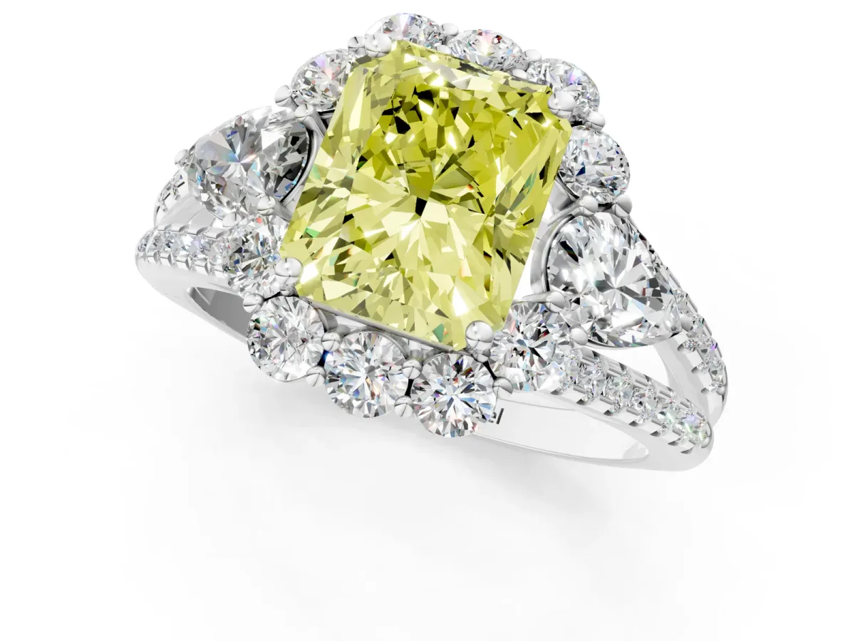 Fancy Yellow Radiant Cut Halo Split Shank Diamond Engagement Ring with Prong Setting Platinum