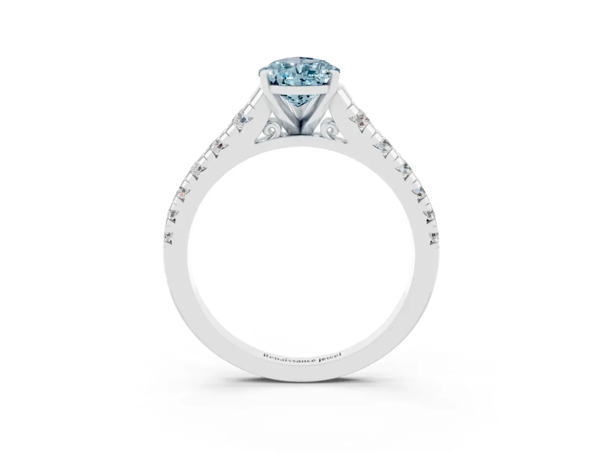 Pear Cut Aquamarine Cathedral Solitaire Ring with Round Pavé Band Silver