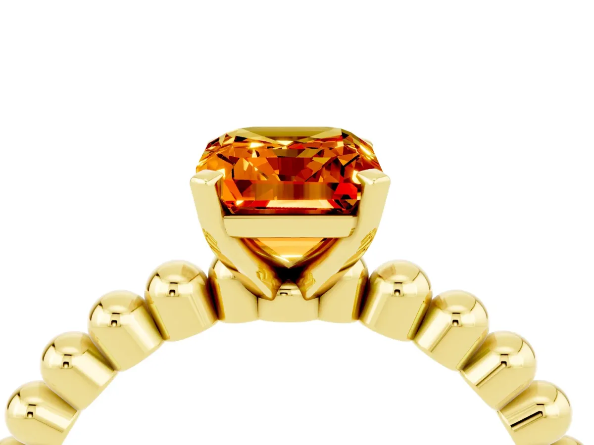 Emerald Cut Citrine Solitaire Ring with Beaded Band and Prong Setting Yellow gold