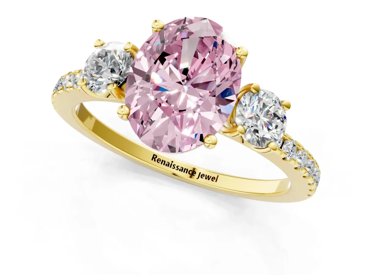 Fancy Pink Three-Stone Oval Cut Cut Diamond Pavé Band with Prong Setting Yellow gold