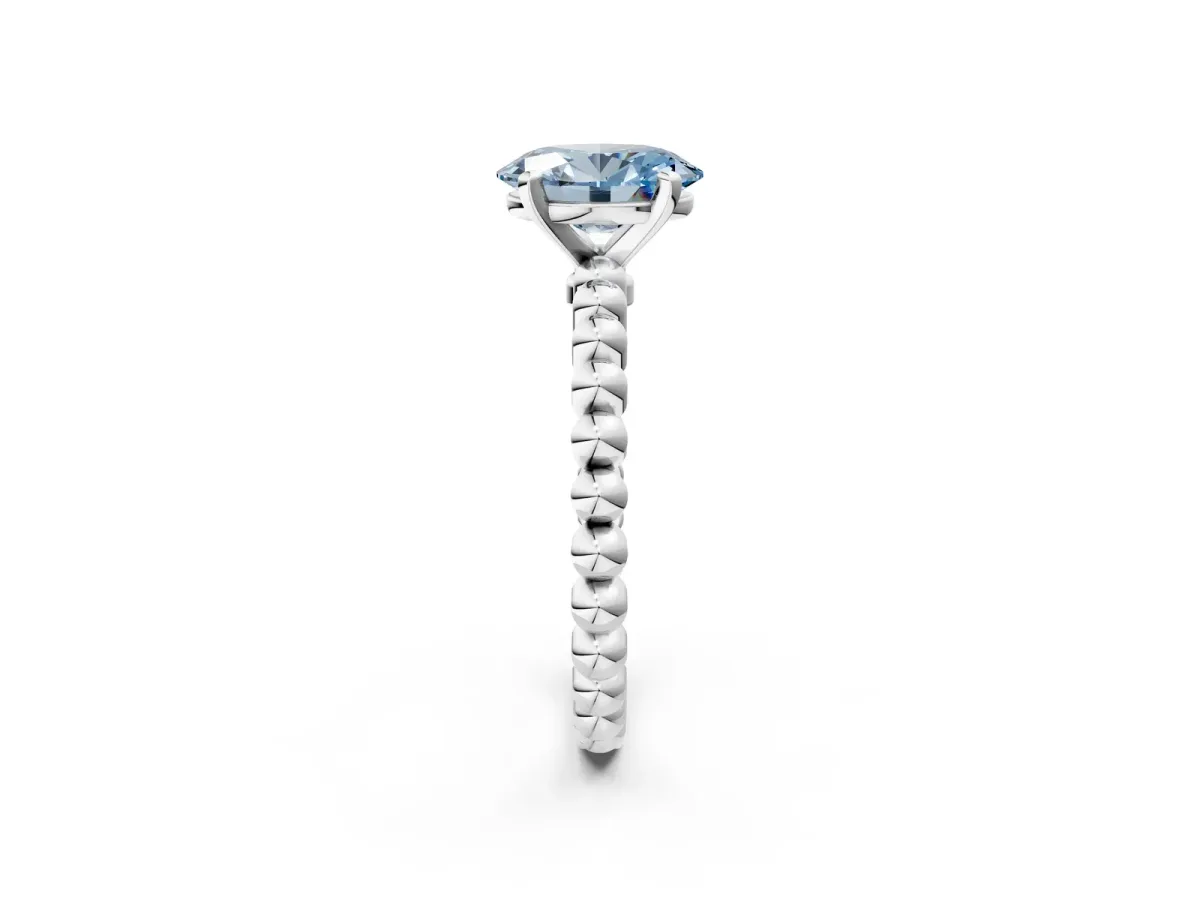 Fancy Blue Oval Cut Diamond Solitaire Ring with Beaded Band and Prong Setting Silver