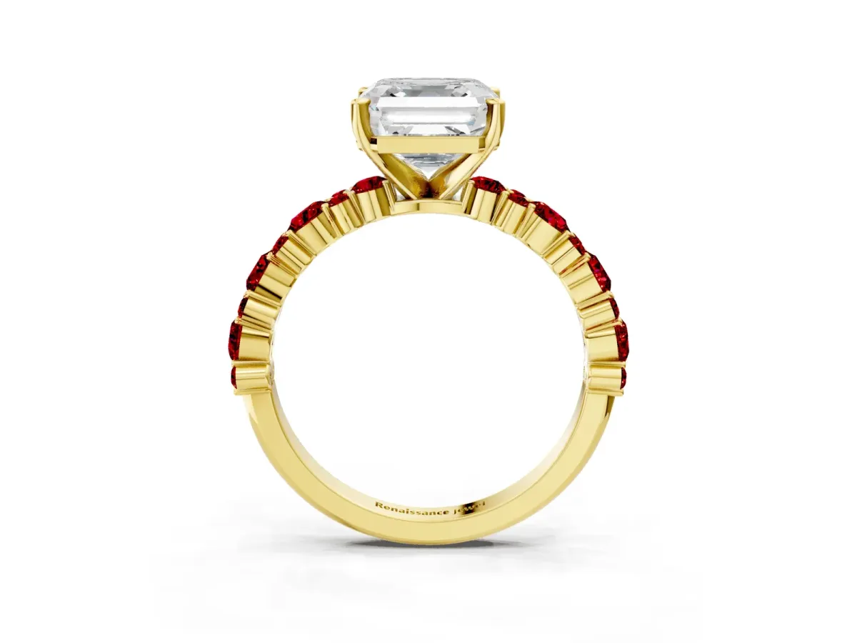 Asscher Cut Diamond Side Stone Solitaire Ring with Round Ruby and Four-Prong Setting Yellow gold