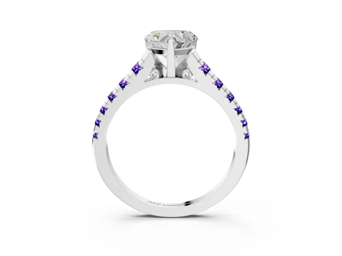 Heart Cut Diamond Cathedral Solitaire Ring with Round Tanzanite Pavé Band Silver