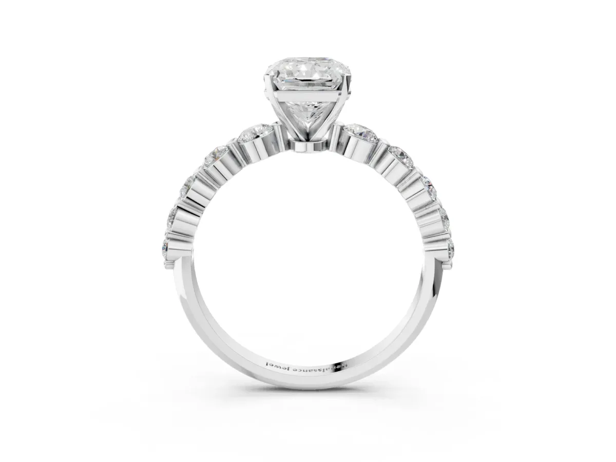 Radiant Cut Solitaire Diamond Ring with Pave Band and Four-Prong Setting Silver