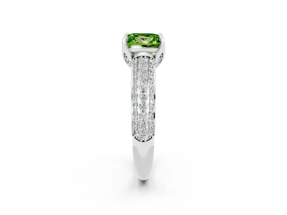 Princess Cut Peridot Solitaire Ring with Three-Row Pavé Band and Four-Prong Setting Platinum
