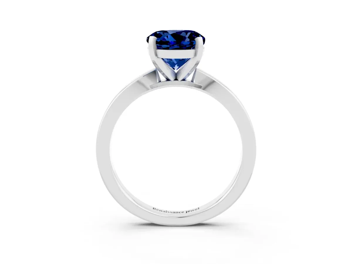 Round Cut Blue Sapphire Solitaire Engagement Ring with Classic Band and Four-Prong Setting Silver