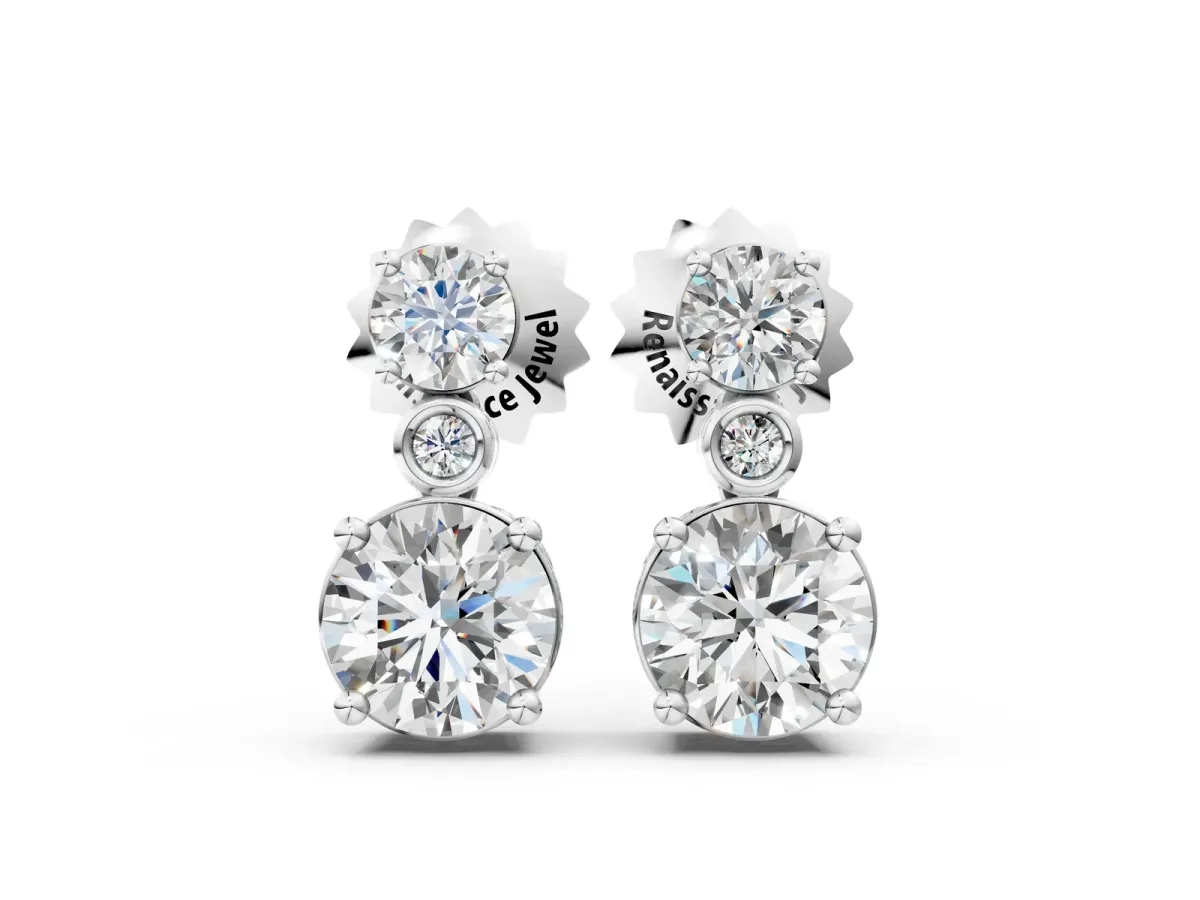 Round Diamond Two Stone Drop Earrings with Bezel Diamond Accent Platinum