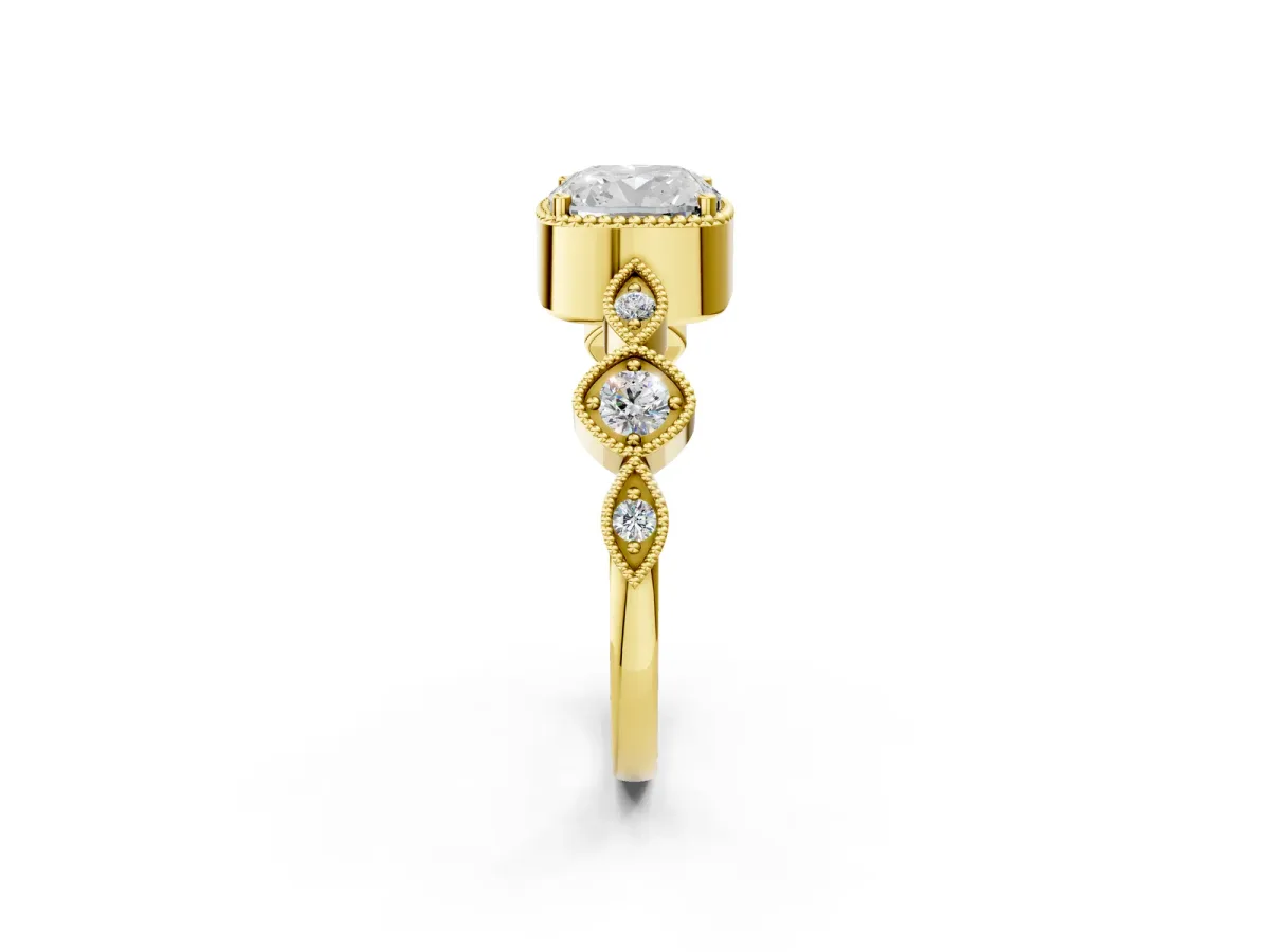 Cushion Cut Diamond Vintage Milgrain Ring with Round Stations Yellow gold