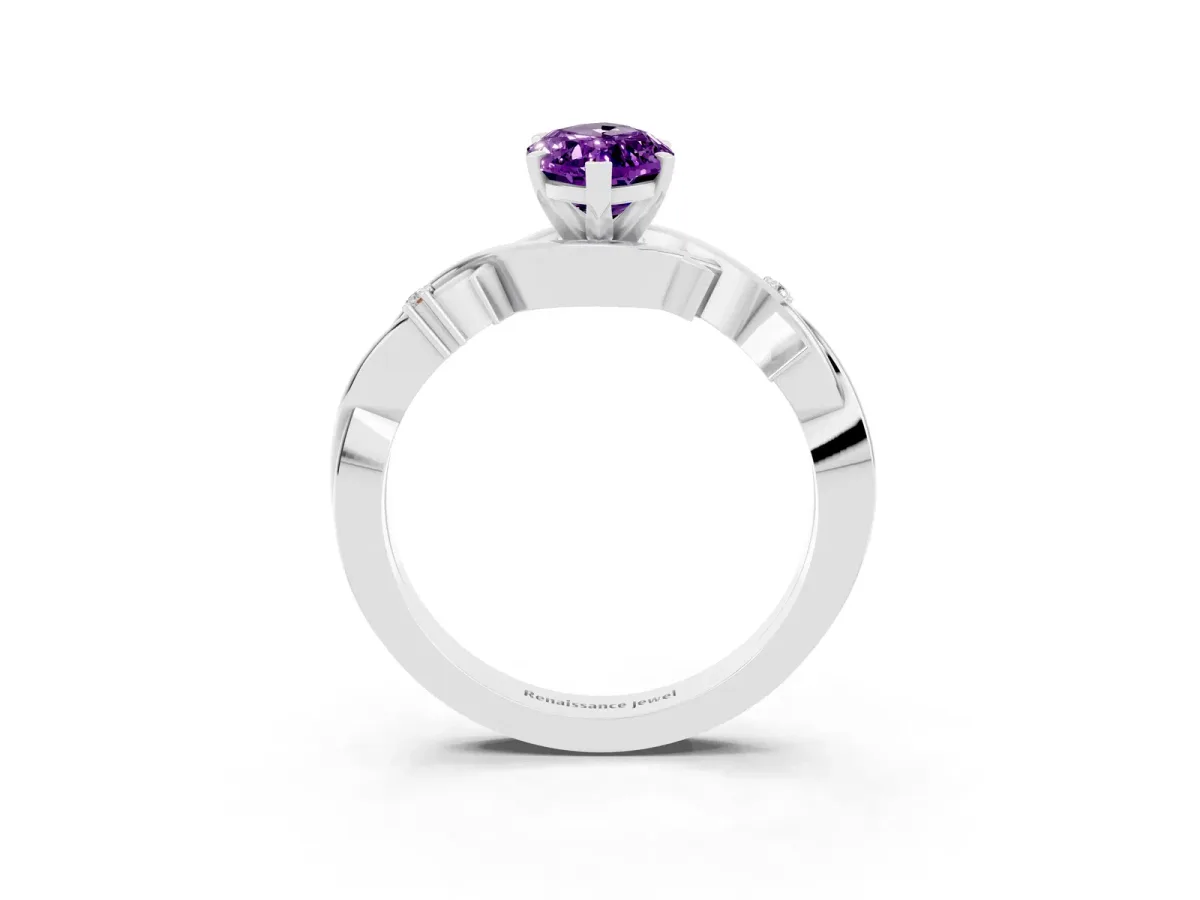 Marquise Cut Amethyst Solitaire Ring with Milgrain Pavé Band and Four-Prong Setting Silver