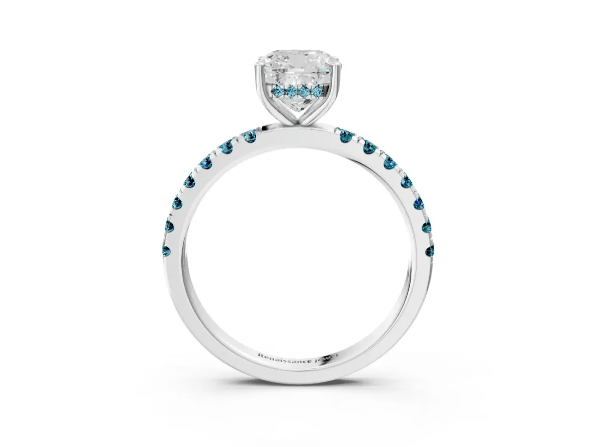 Cushion Cut Diamond Pave Band Solitaire Ring with Round Blue Topaz and Prong Setting Silver