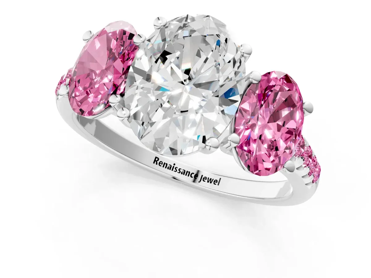 Three-Stone Oval Cut Diamond Ring with Round Pink Sapphire Pavé Band and Prong Setting Silver