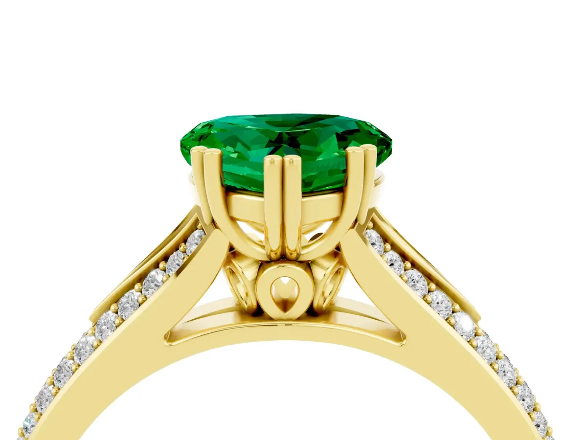 Heart Cut Emerald Split Shank Engagement Ring with Pavé Band Yellow gold