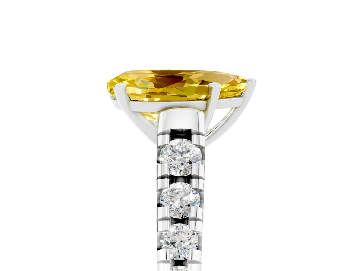 Pear Cut Yellow Sapphire Cathedral Solitaire Ring with Round Pavé Band Silver