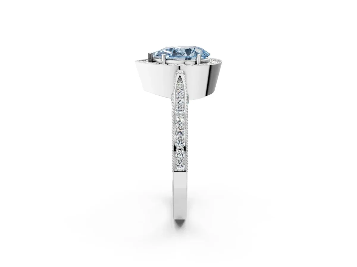 Fancy Blue Pear Cut Halo Diamond Engagement Ring with Split Shank Band and Four-Prong Setting Platinum