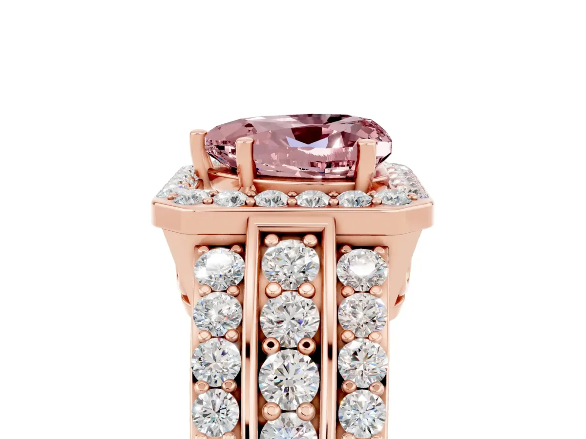Heart Cut Halo Morganite Ring with Round Split Shank and Prong Setting Rose gold