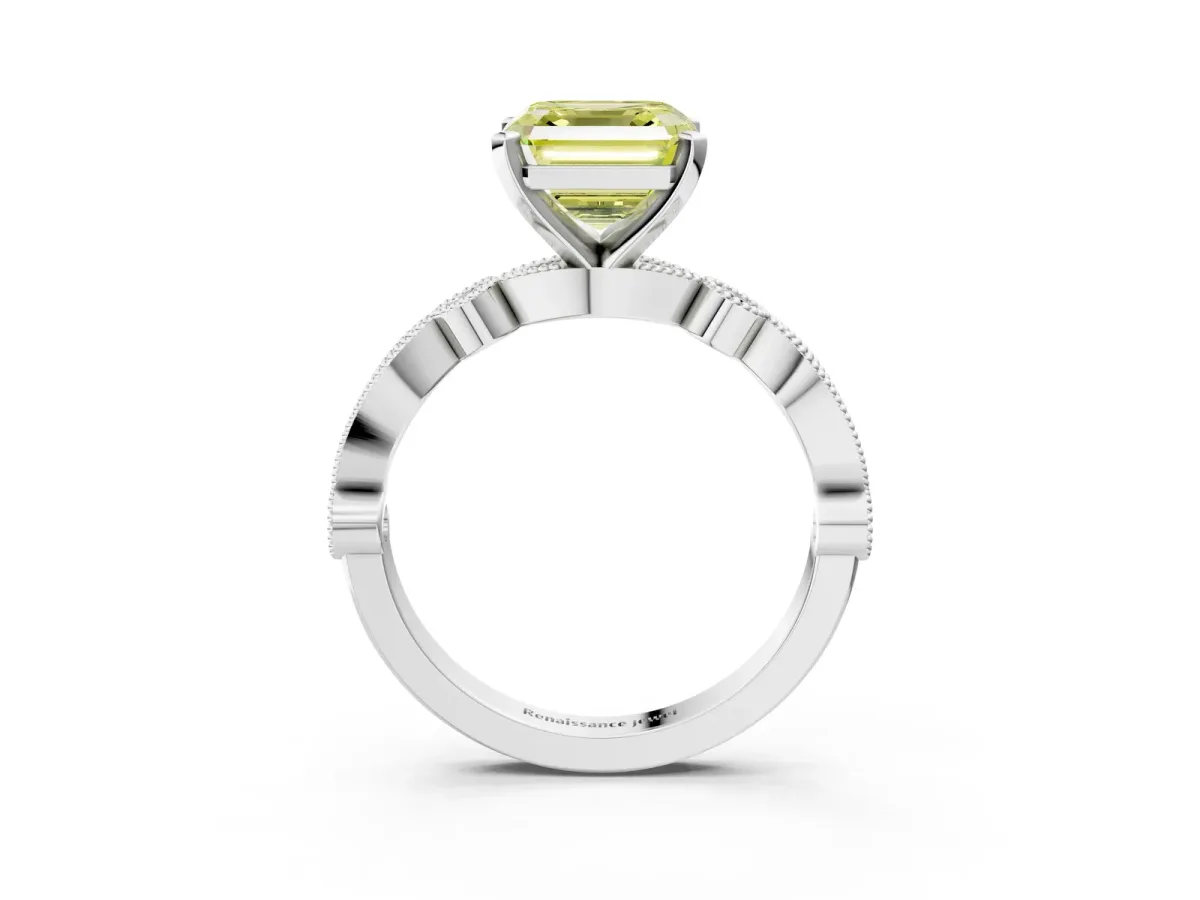 Fancy Yellow Asscher Cut Milgrain Bezel Diamond Engagement Ring with Solitaire Prong Setting Platinum