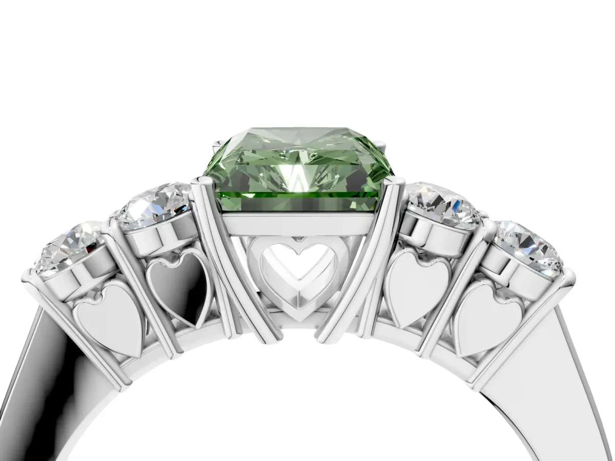 Fancy Green Radiant Cut Cut Diamond Five-Stone Prong Set White Gold Ring Platinum