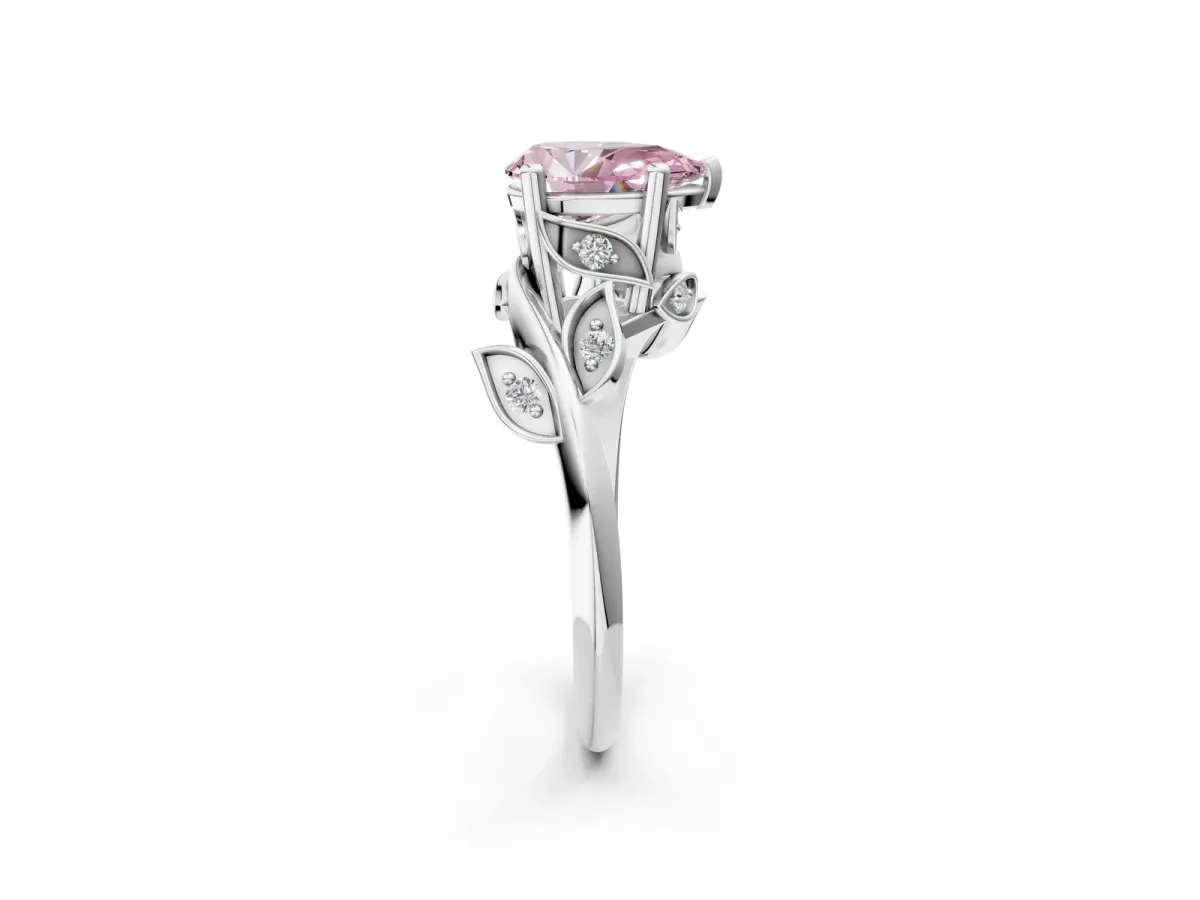 Fancy Pink Pear Cut Solitaire Twist Engagement Ring with Leaf Accents and Prong Setting Platinum