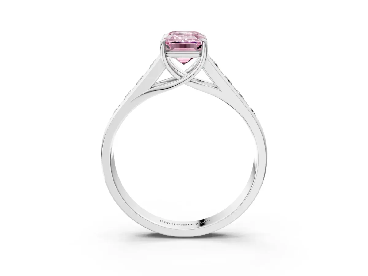 Fancy Pink Emerald Cut Brilliant Channel-Set Solitaire Ring with Four-Prong Setting White gold