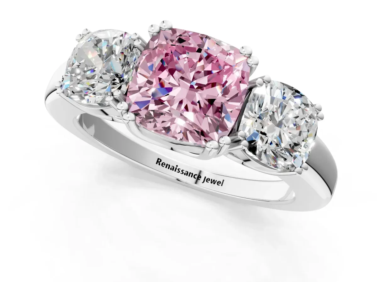 Fancy Pink Three-Stone Cushion Cut Cut Diamond Ring with Channel Set Band and Four-Prong Setting Silver