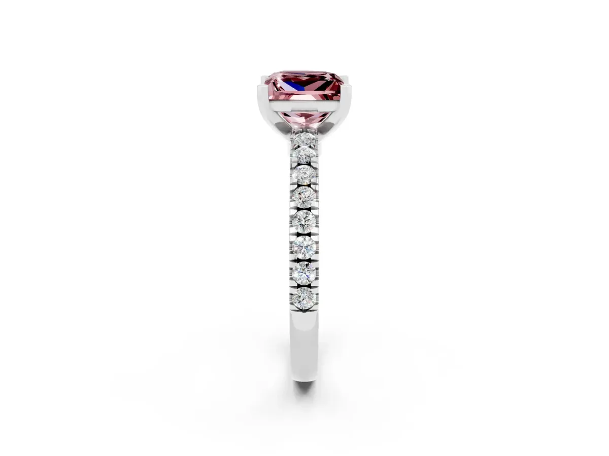 Princess Cut Solitaire Morganite with Pavé Band and Four-Prong Setting Silver