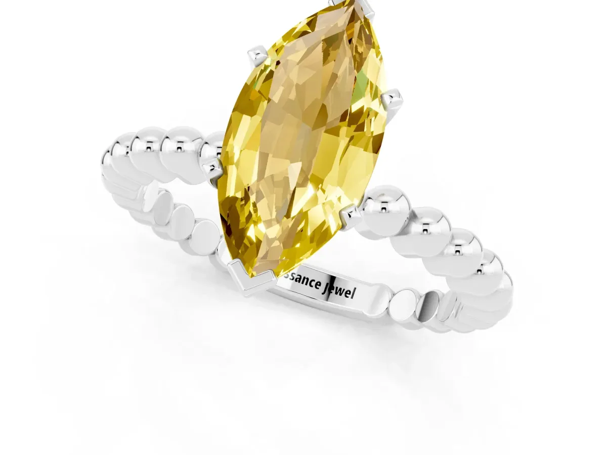 Marquise Cut Yellow Sapphire Solitaire Ring with Beaded Band and Prong Setting Silver