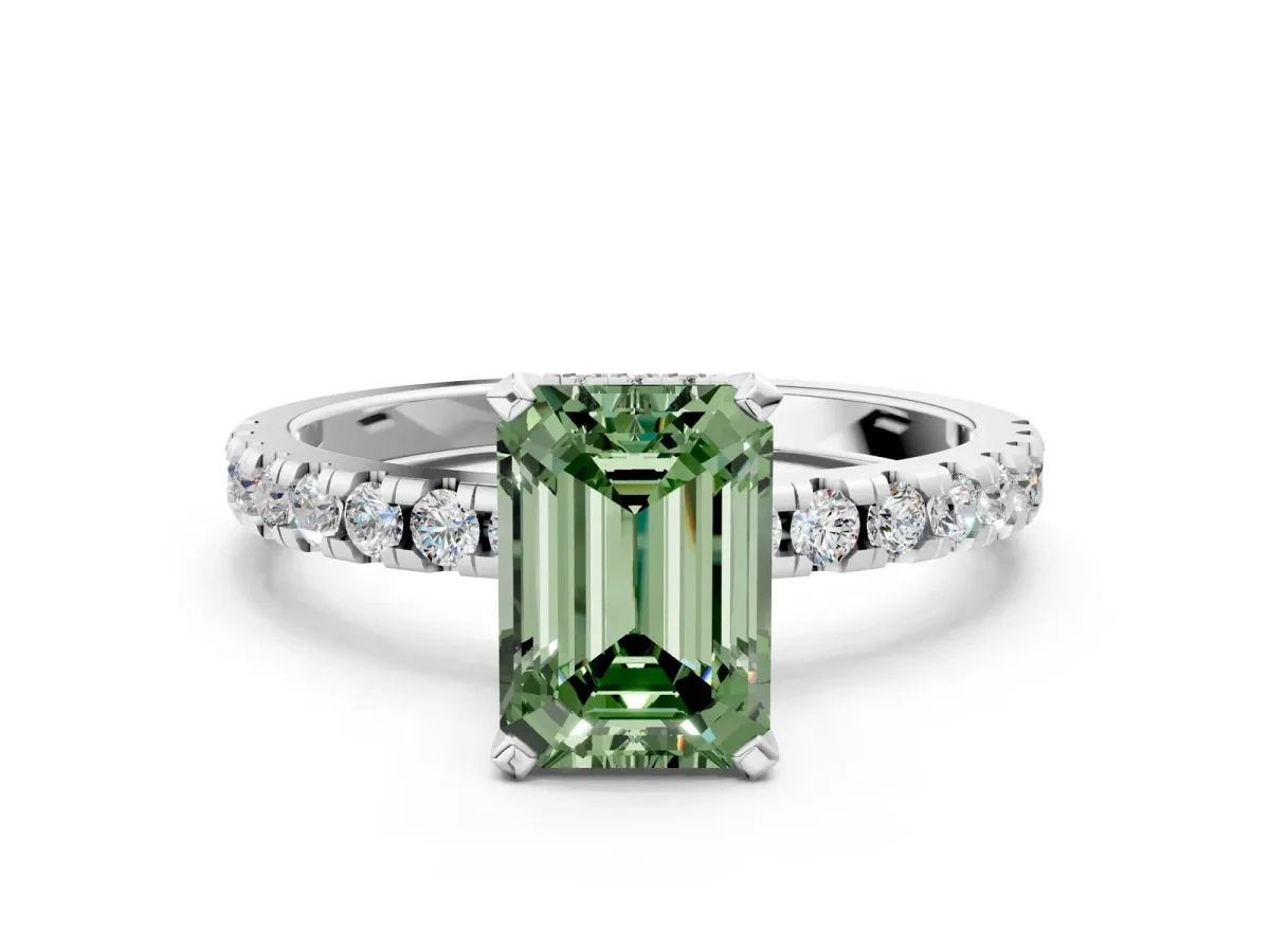 Fancy Green Emerald Cut Diamond Solitaire Ring with Round Pavé Band and Four-Prong Setting Silver