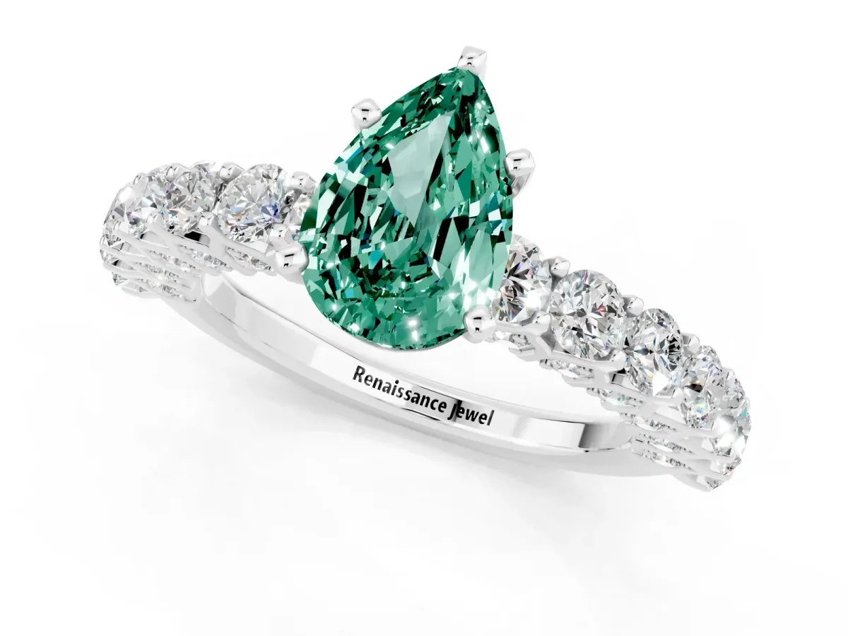 Pear Cut Green Sapphire Solitaire Ring with Shared Prong Pavé Band and Four-Prong Setting Silver