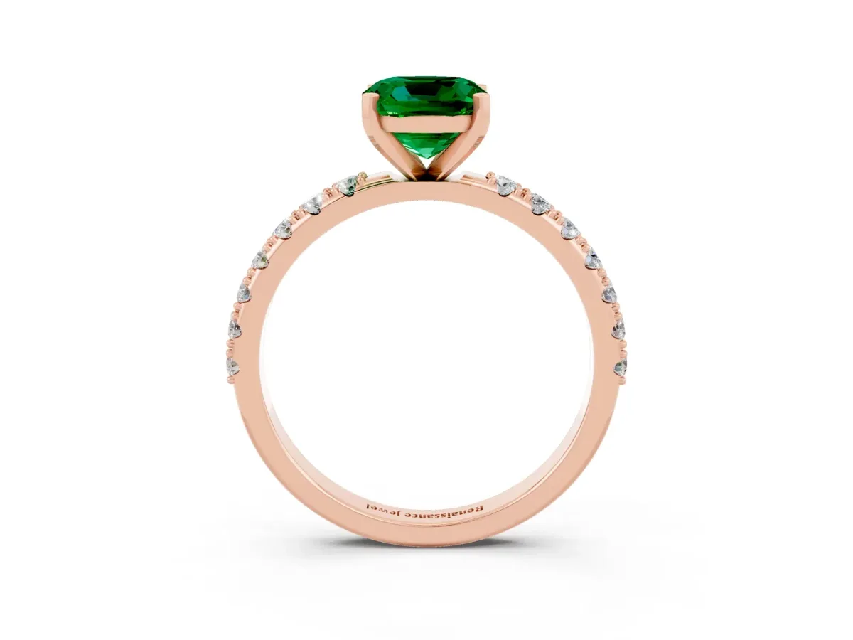 Cushion Cut Emerald Solitaire Pavé Band with Four-Prong Setting Rose gold