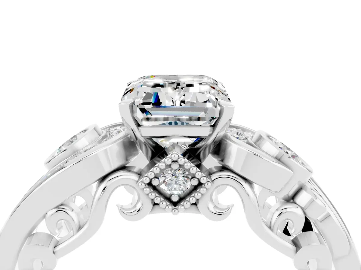 Emerald Cut Moissanite Solitaire Ring with Milgrain Pavé Band and Four-Prong Setting Silver