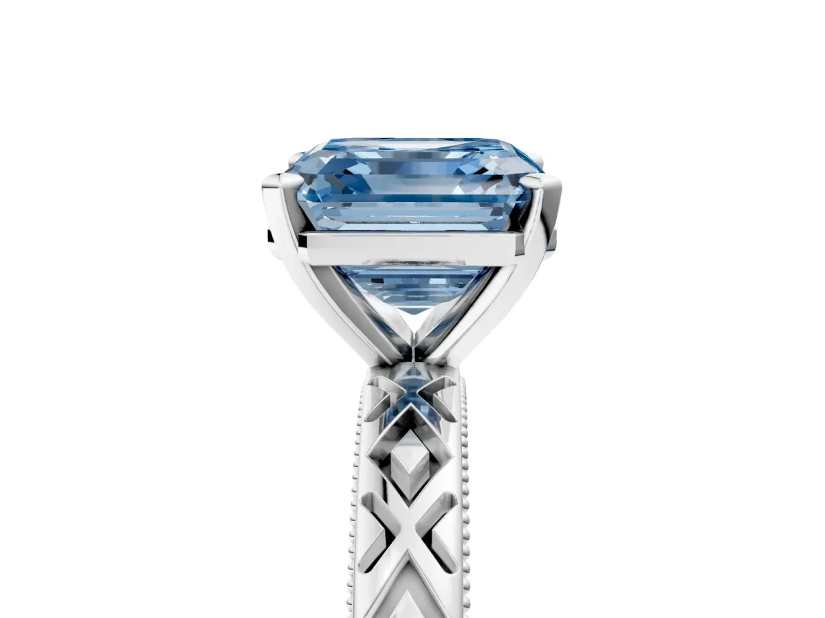 Fancy Blue Asscher Cut Solitaire Diamond Ring with Milgrain and Black Enamel X Pattern Band Platinum
