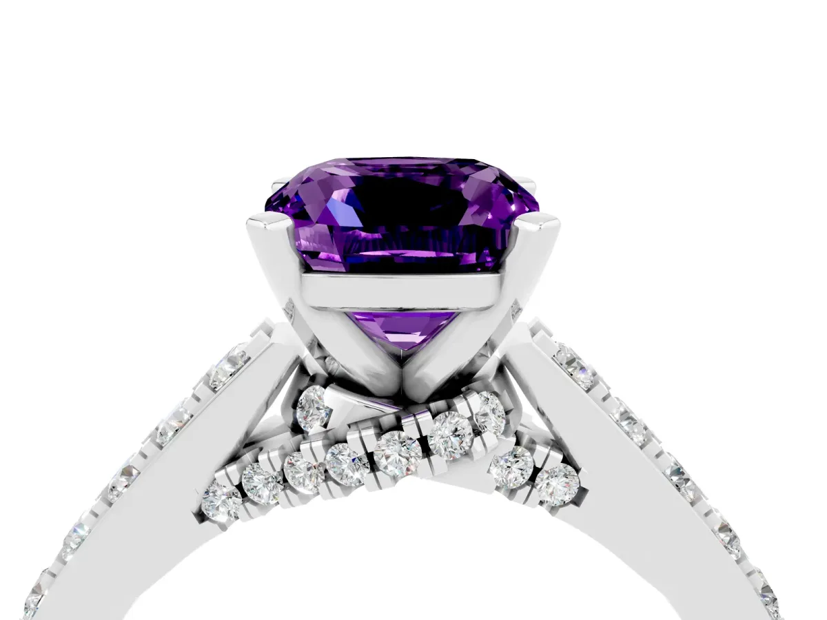 Cushion Cut Amethyst Solitaire Ring with Crossover Gallery and Round Pavé Band Silver